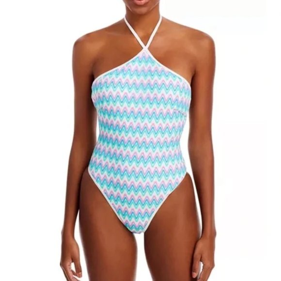 l*space Mirabella Chevron Classic One Piece Beaded Tie Halter Swimsuit Small - Picture 1 of 8